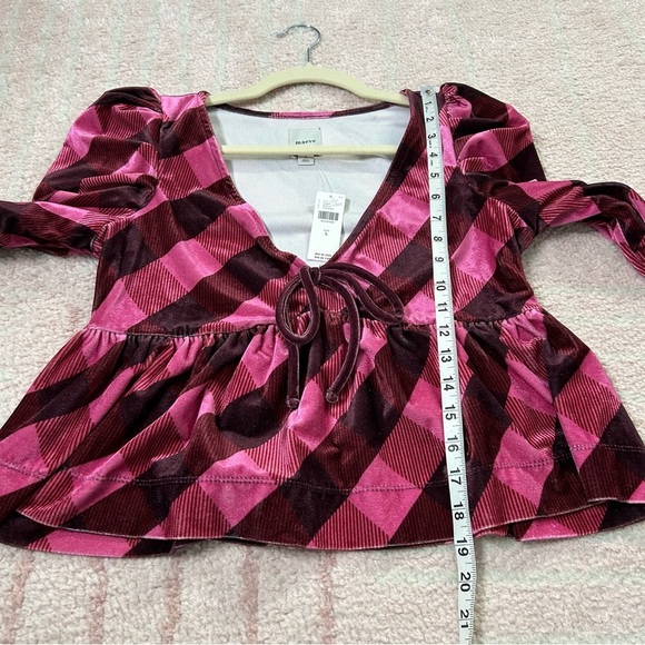 NWT Maeve Velvet Pink Maroon Plaid Puff Sleeve Top Low Cut Size Small - Picture 11 of 12